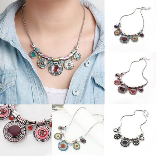 Fashion Women Geometry Charm Pendant Vintage Round Pendant Necklace Bib Statement Choker Collar Neclaces Jewelry